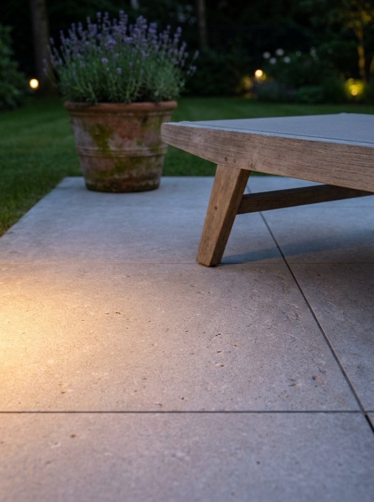 Keramisch terras bij avondlicht met teakmeubel en terracotta pot met lavendel
